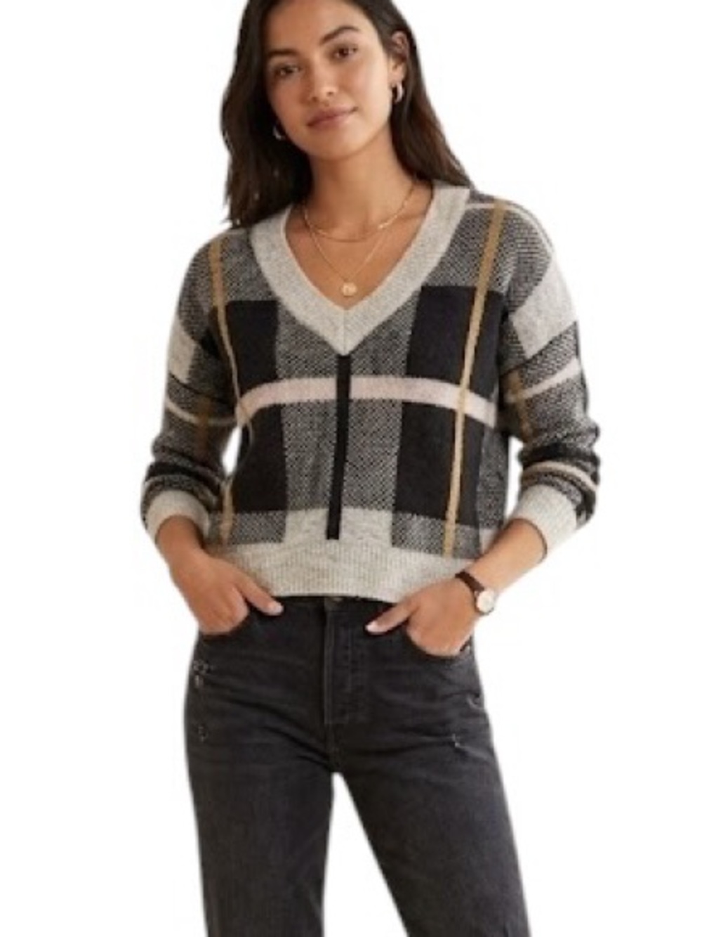 Aqua Plaid V-Neck Sweater
